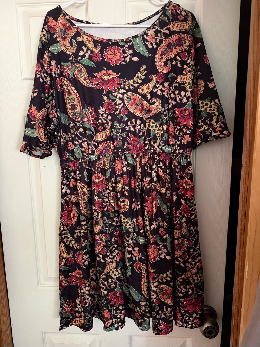 Black Paisley Floral Midi Dress with Elastic Waist